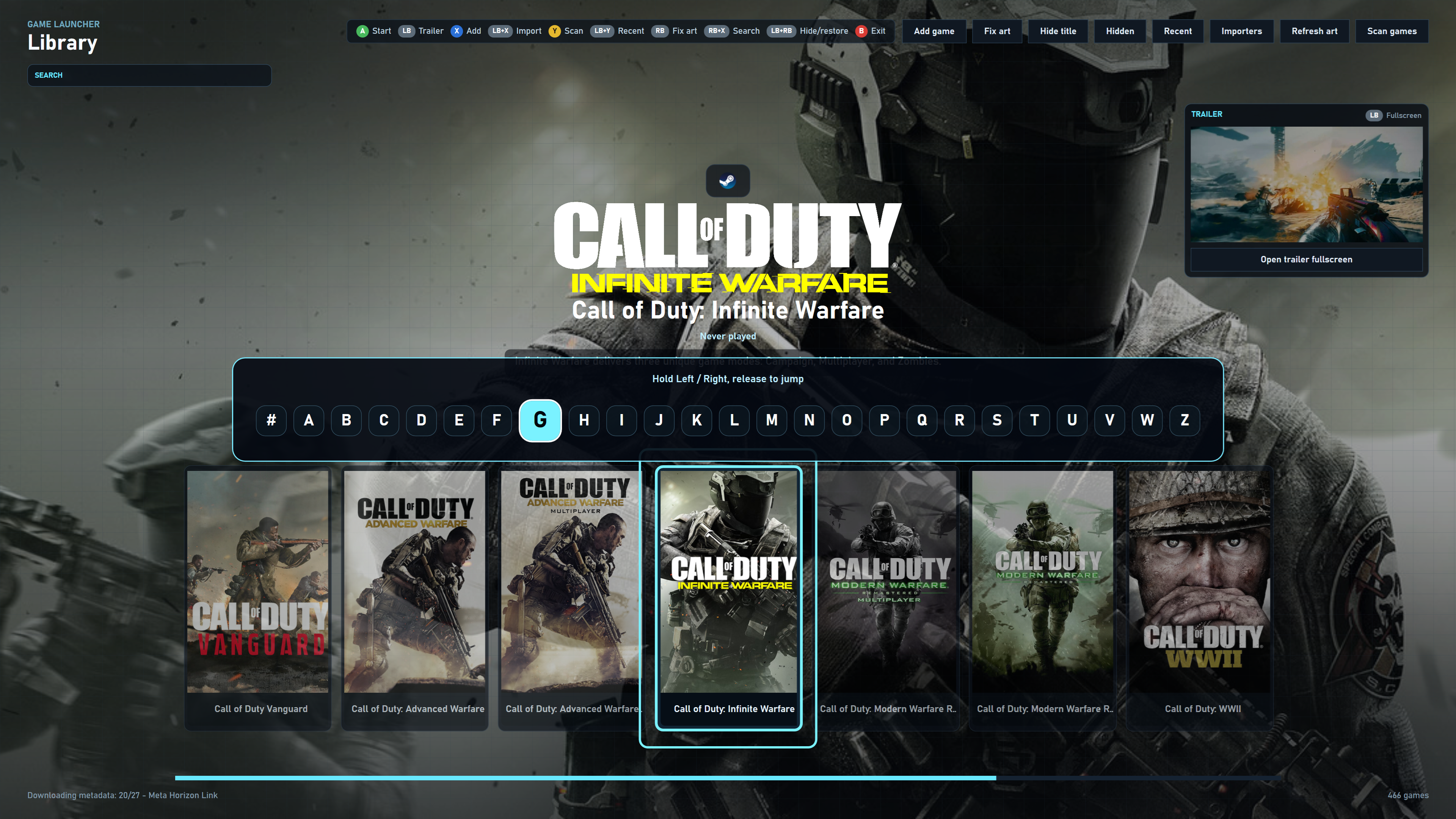 Josties Game Launcher zoektoetsenbord voor bediening met controller