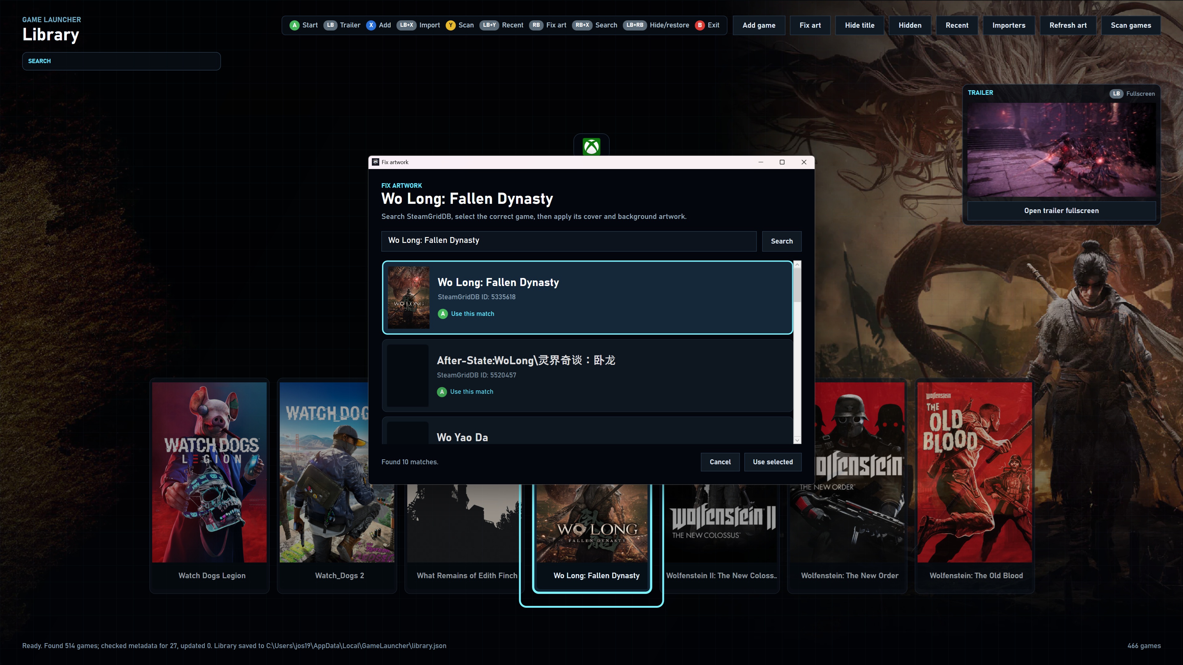 Josties Game Launcher artwork-herstelvenster met SteamGridDB matches