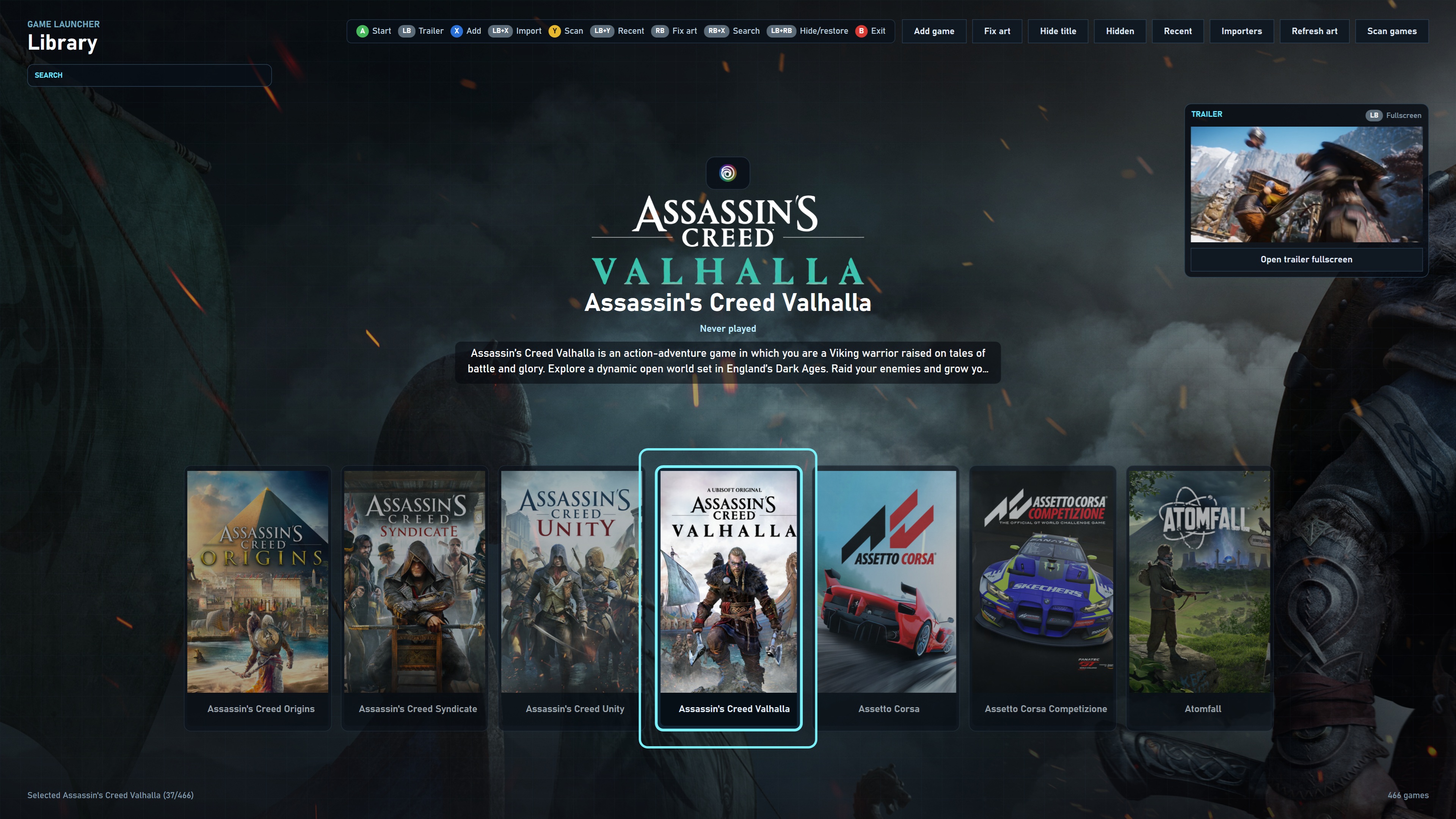 Josties Game Launcher bibliotheek met cover art, trailerpaneel en controllerknoppen